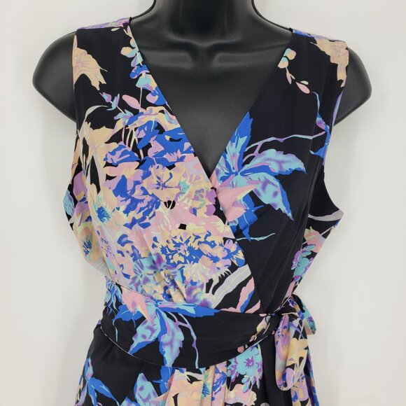 Yumi Kim Floral Print Faux Wrap Mini Dress S Sleeveless Side Tie Black Blue - Picture 5 of 11